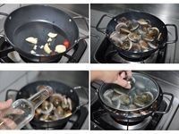 蒜頭、辣椒爆香後，將吐沙後的赤嘴下鍋悶煮，接著加入米酒滾煮，轉中大火蓋上鍋蓋能快速張開嘴